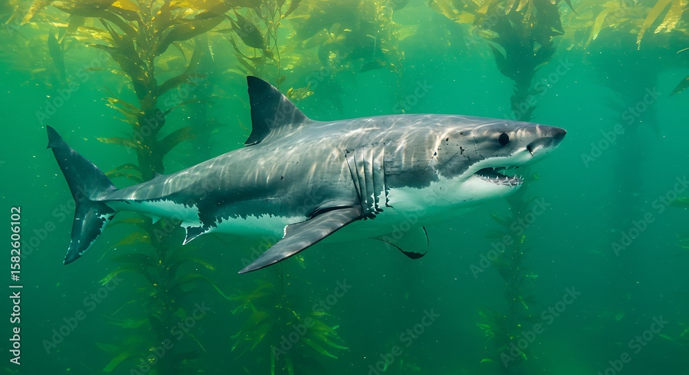 Fototapeta premium Majestic Great White Shark in Kelp Forest