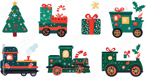 Festive Christmas Train Set with Tree and Gifts Vector Illustration
