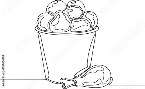 Continuous line drawing of bucket of fried chicken and drumstick design.