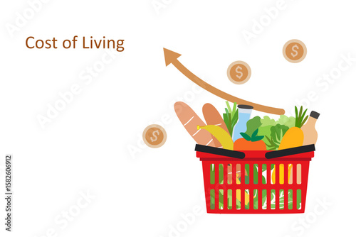 Grocery basket with high graph. Cost of living, growth of grocery price, economic inflation vector illustration