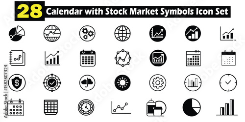 A collection of twenty eight different icons representing financial stock market analysis and calendar scheduling elements