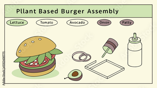 Illustration showing a plant based burger assembly with ingredients like lettuce tomato avocado and onion