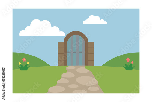 Cartoon Open Gate In Front Of A Small Stone Path