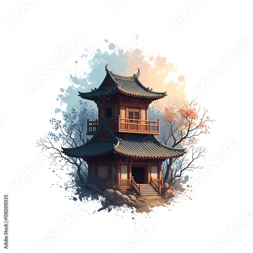 Traditional East Asian Architecture with Cascading Rooftops and Natural Surroundings