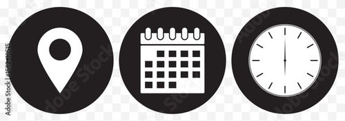 place, time and date icon set. position, clock and calendar symbol. business vector design. location, time and date icon for app, ui and website. vector illustration on transparent background. EPS 10.