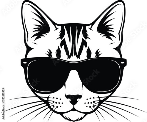 Cool cat illustration features a feline with sunglasses, creating a fun, playful, and eye-catching design on a transparent background.