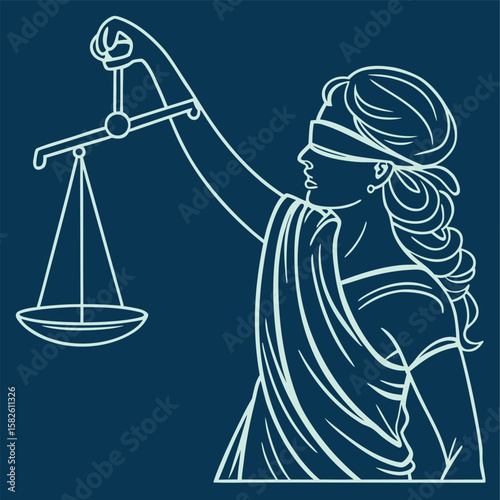 Scales of justice held by a blindfolded figure in classical style modern line art version clean and symbolic scales of justice with a woman