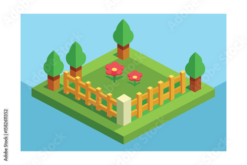 Cartoon Isometric View Of Garden With Fence And Flowers