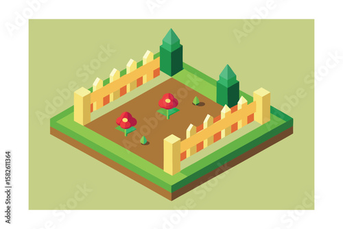 Cartoon Isometric View Of Garden With Fence And Flowers