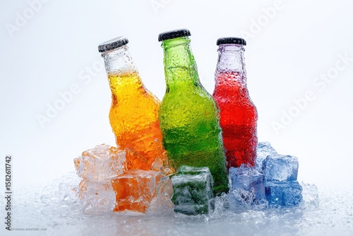 Three vibrantly colored glass bottles of soda, nestled in a bed of melting ice cubes against a stark white background, showcasing condensation on the bottles