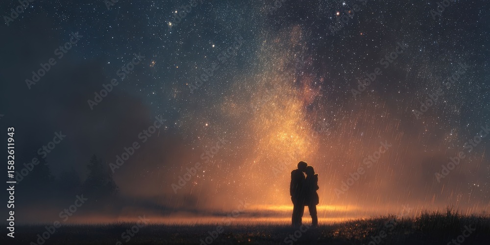 Obraz premium Romantic Couple Under Starry Sky During Storm - Beautiful Nature Scene