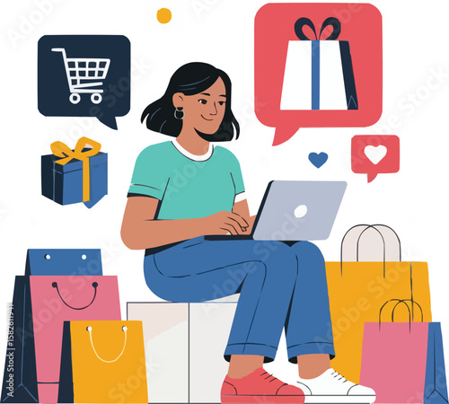 Woman happily shopping online with delivery bags and gift icons surrounding her