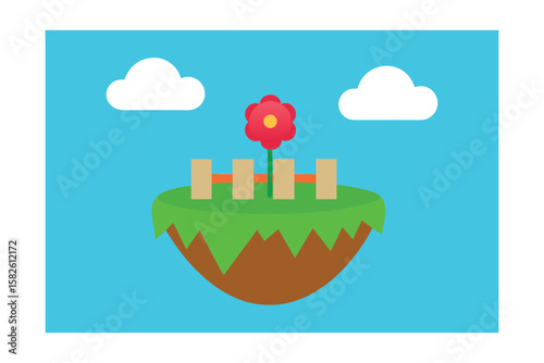 Cartoon Floating Island With A Flower Garden And Trees