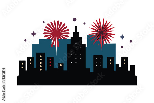 Cartoon Fireworks Display Over A Silhouetted Skyline