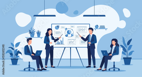 A business team presenting data analysis results during a meeting, using charts and graphs.