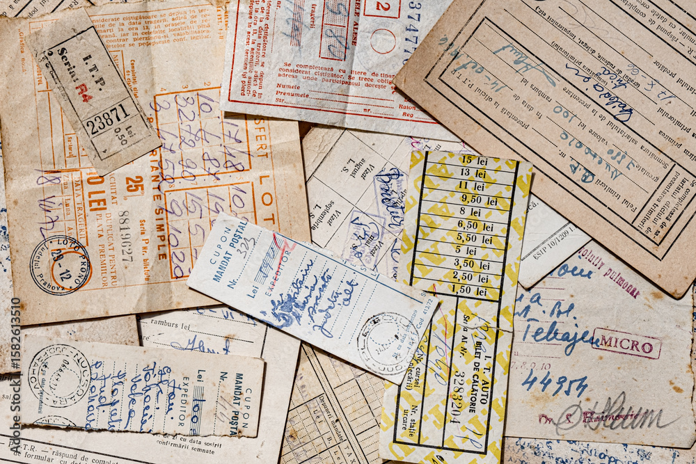 Obraz premium various old documents, tickets, postcards, lottery tickets, pension vouchers
