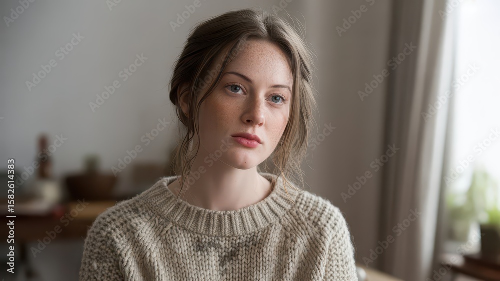 Young woman with a thoughtful expression sitting indoors in cozy sweater Concept of HEAVILY CRAFTED Young woman with a thoughtful expression sitting indoors in cozy sweater Concept of HEAVILY CRAFTED
