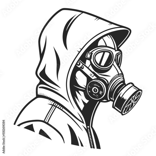 Street-style gas mask icon with bold cutout sections solid vector vinyl shape black-only modern t-shirt graphic