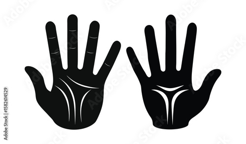 Two black silhouette hands with palmistry lines and markings on a white background