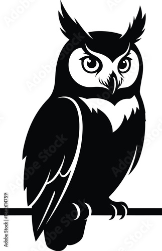 Bold owl silhouette art features a perched nocturnal bird of prey with striking features in vector format ideal for logos and designs.