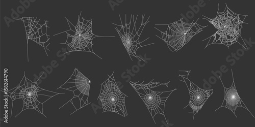 Set of Hand Drawn Spider Webs on Dark Background – Halloween and Horror Elements Vector Illustration