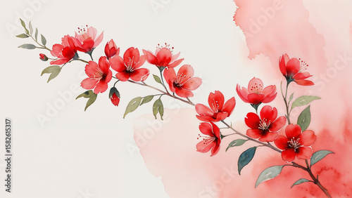 Watercolor red flowers on right edge with bold red empty space, ideal for text, cards, or invitations.