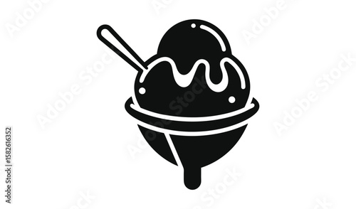 Stylized black and white icon of ice cream sundae with spoon in a bowl