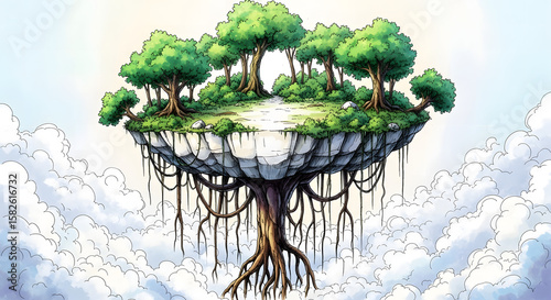 Detailed fantasy illustration of a magical floating island with lush green trees, a winding path, and intricate roots suspended above serene clouds.