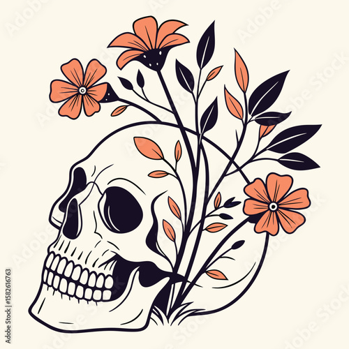 Stylized skull with flowers growing out, only 3 ink colors black, orange, cream modern gothic theme front chest t-shirt print