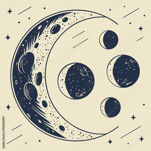 Stylized moon phase cycle with faded ink tones and grain texture celestial theme vintage discharge style print yin yang symbol with earth