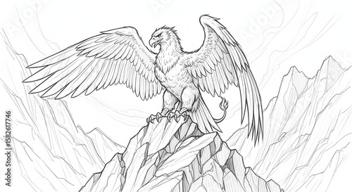 Majestic griffin perched on a rugged mountain peak, powerful fantasy creature line art illustration