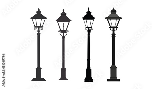 Collection of four classic black victorian style street lamps on white background