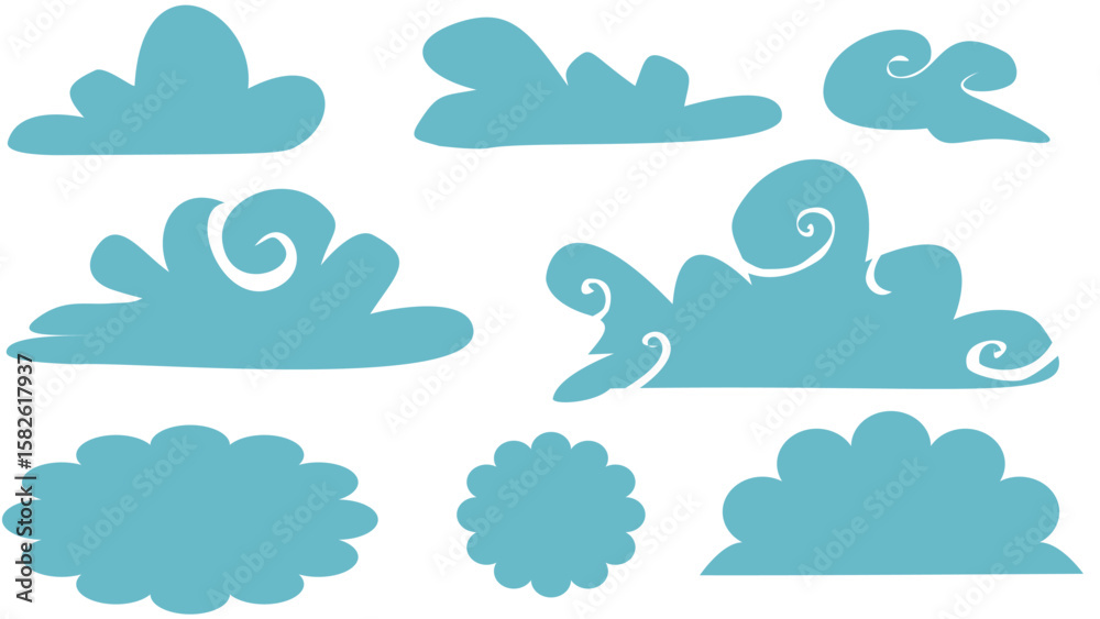 Fototapeta premium Stylized Cloud Shape Vector Set – Blue Cartoon Weather Icons