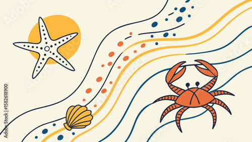 Sea creatures and shell collection in vector illustration style