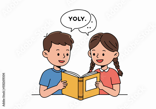 Two happy cartoon children read a book together, sharing thoughts and learning, in a simple hand-drawn style illustration.