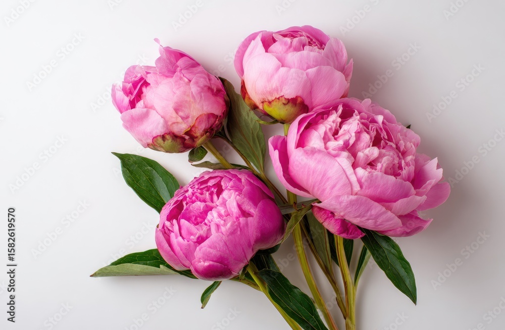 Fototapeta premium Four light pink peonies with lush green leaves arranged on a bright white background, creating a vibrant yet delicate floral composition