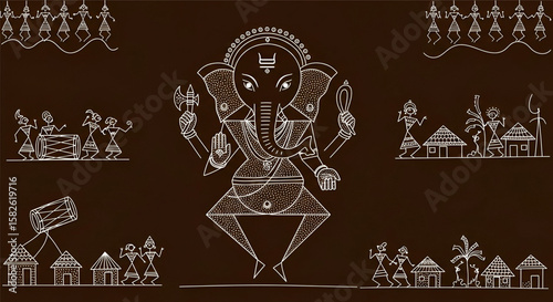 An illustration of Lord Ganesha in the traditional Warli painting style.