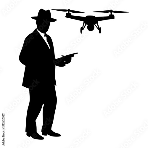 Man in suit with hat controlling drone silhouette vector illustration