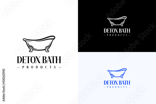 bathtub made using flowing curvy lines illustration, vector logo for detox bath, spa products, organic, natural bath, herbal treatment, calming, detox body care, detox bath products, and more