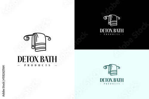 towel draped over a curved rail vector illustration, icon, logo for fabric, spa products, detox bath, bath therapy, herbal bath, natural, calming, organic, detox bath products, and more