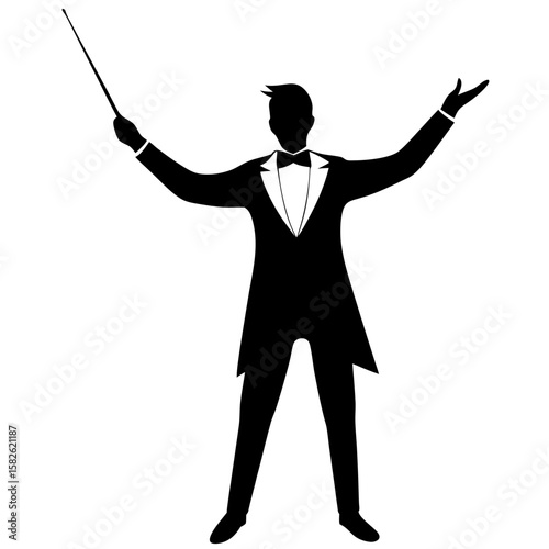 Conductor directing orchestra with baton silhouette vector illustration