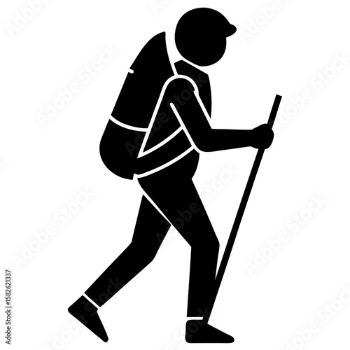 Hiking man with backpack and stick silhouette vector illustration
