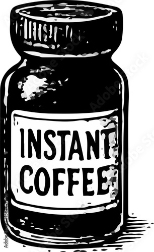 A jar labeled "Instant Coffee," presented in a straightforward black and white woodcut style, for quick coffee solutions