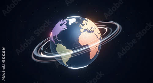 Abstract digital Earth globe with glowing rings representing global network and communication, set against a dark starry space background, modern technology concept.