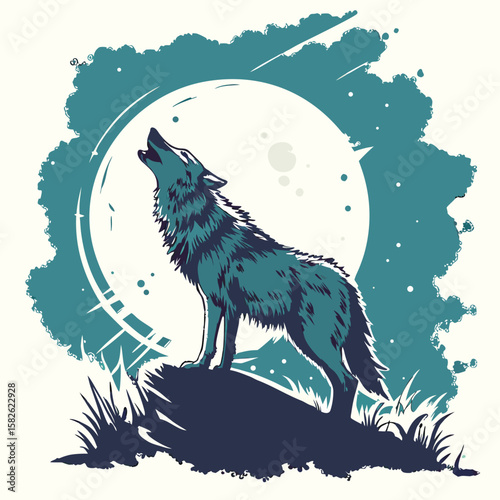 Watercolor-style wolf howling at a moon splashes of indigo and teal painterly brush textures DTG print layout
