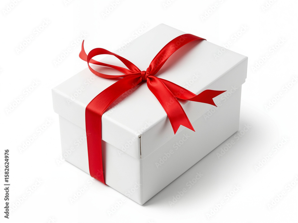 Fototapeta premium White gift box with red ribbon on a plain background 