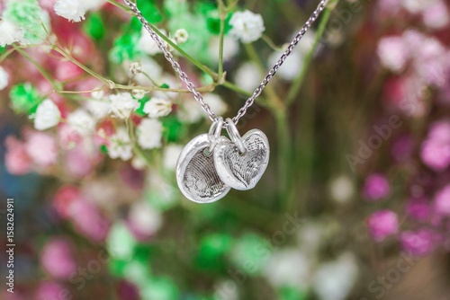 Papier peint Elegant Handmade Silver Pendants on Chain with Fingerprints on Floral Background, Jewelry Gift