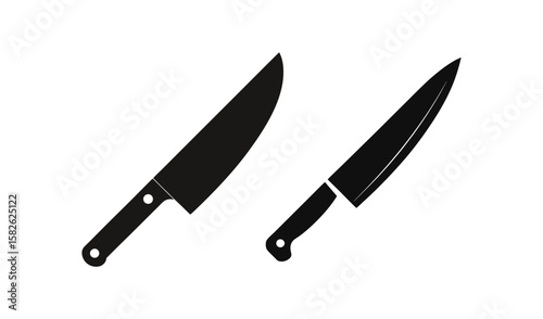 Two sharp kitchen knives silhouettes isolated on white background