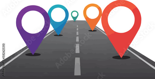 Colorful location pins on a road representing navigation and travel destinations