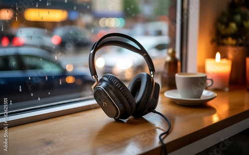 Headphones by a window with coffee